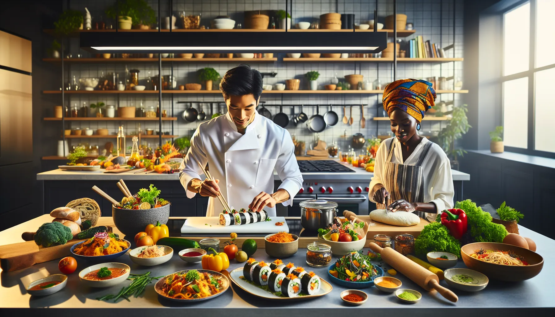 diverse chefs preparing fusion cuisine in a modern kitchen.