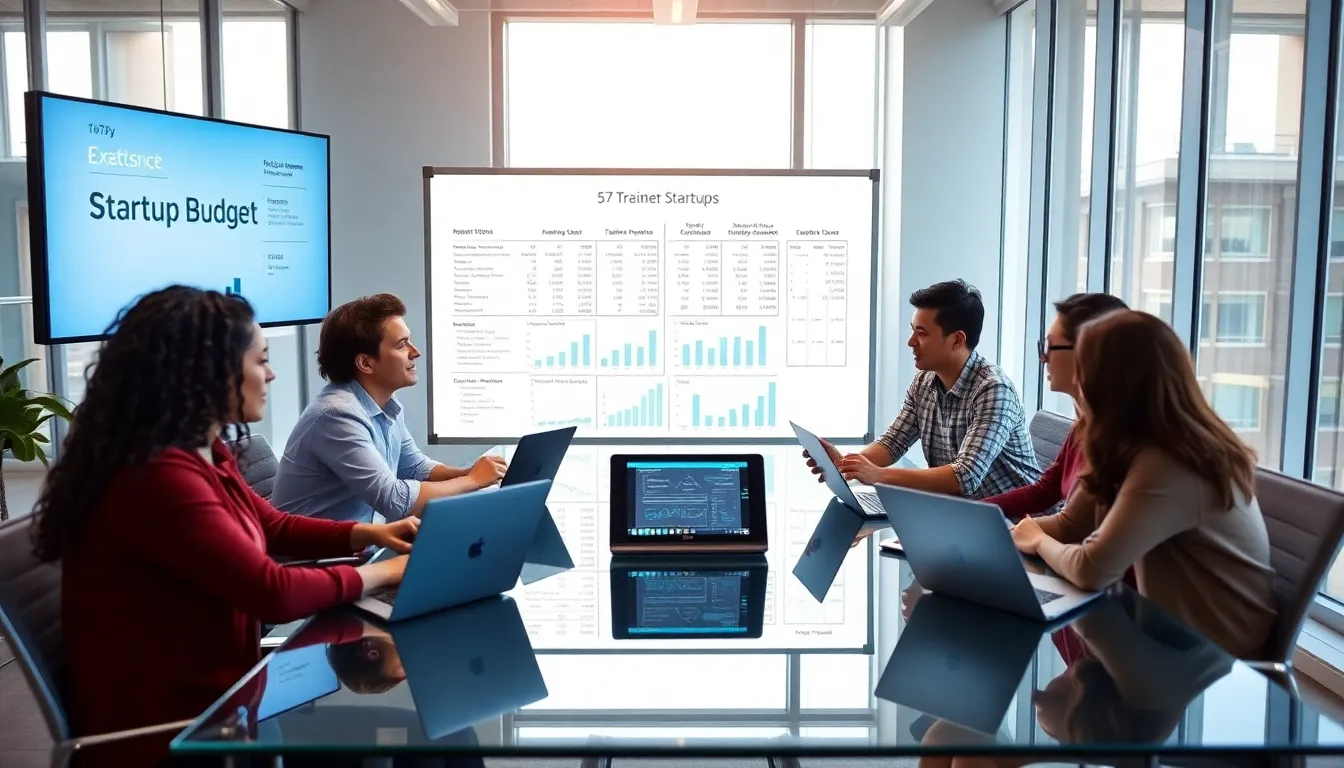 diverse team discussing a tech startup budget in a modern office.