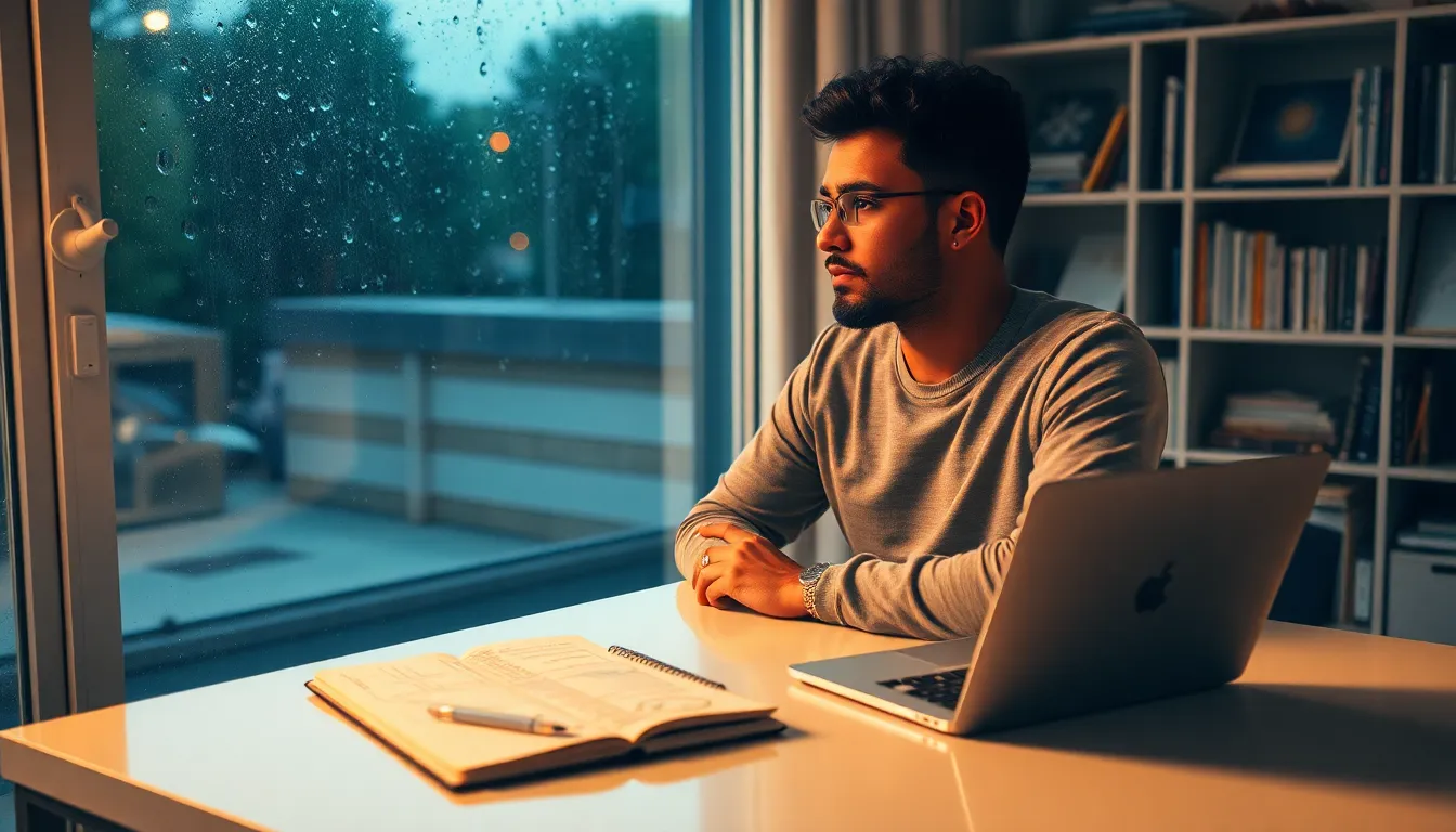 artist reflecting at a modern desk during a rainy night.