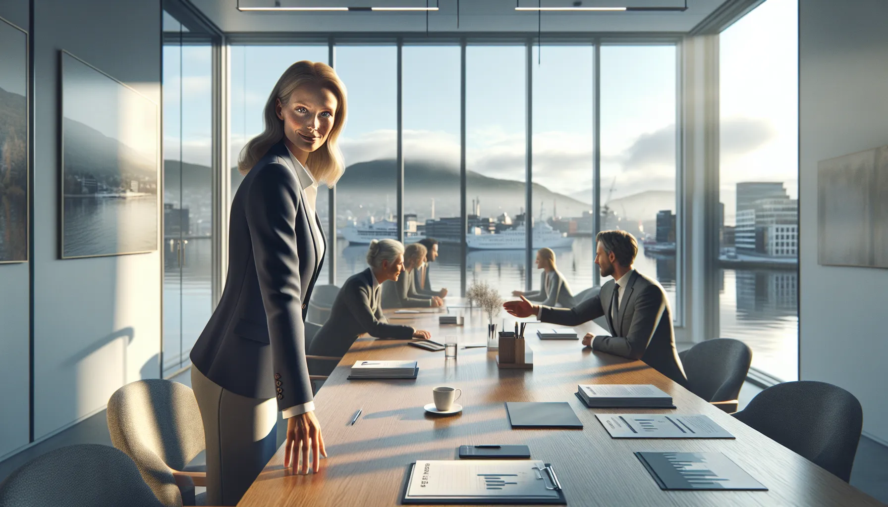 Two norwegian professionals shake hands over a fair negotiation agreement in an office.