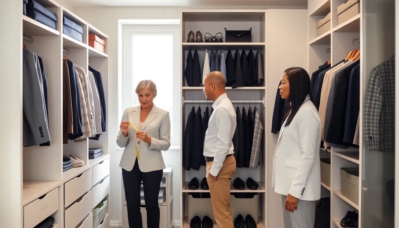 a diverse team organizing a modern walk-in closet.