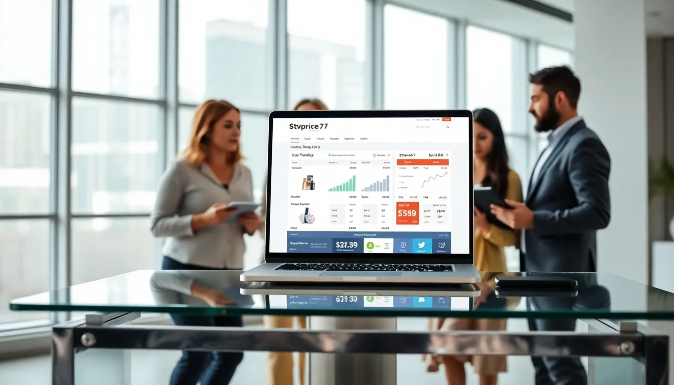 professionals collaborating over a laptop displaying a price comparison tool.