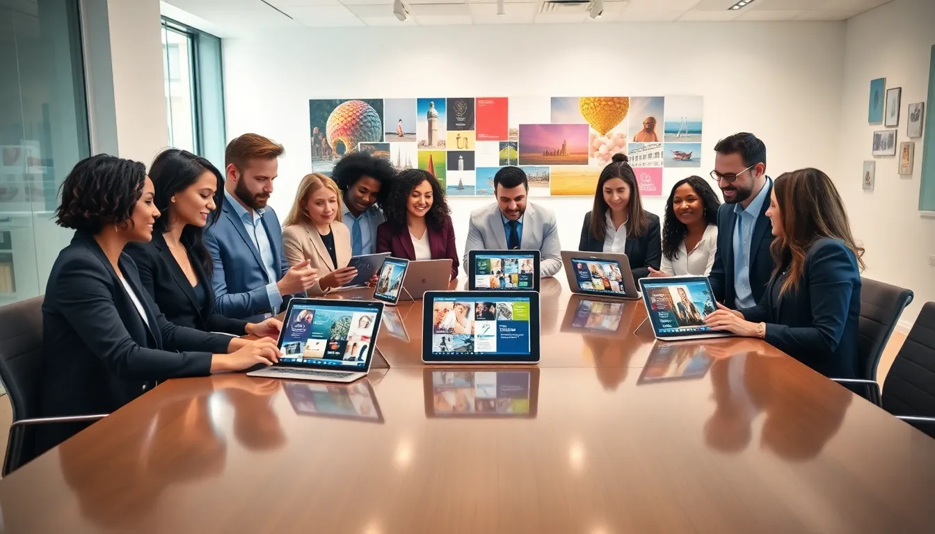 diverse team collaborating over event planning in a modern office.