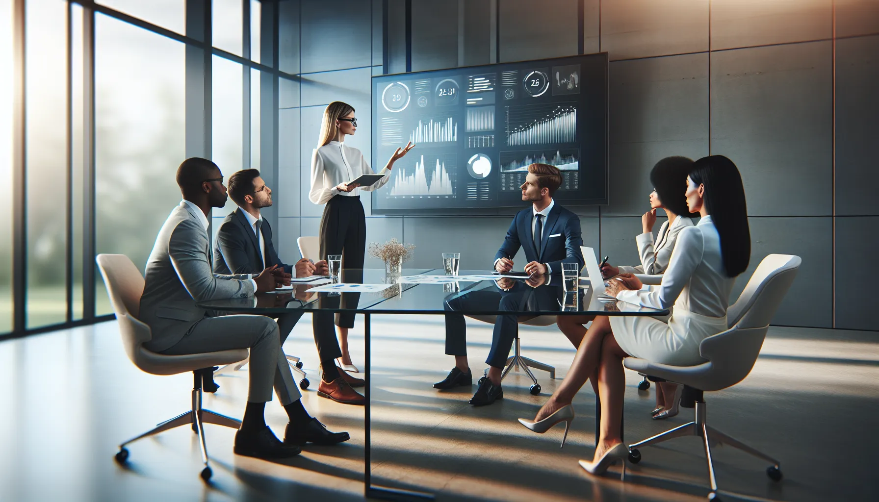 diverse team discussing strategies in a modern office setting.