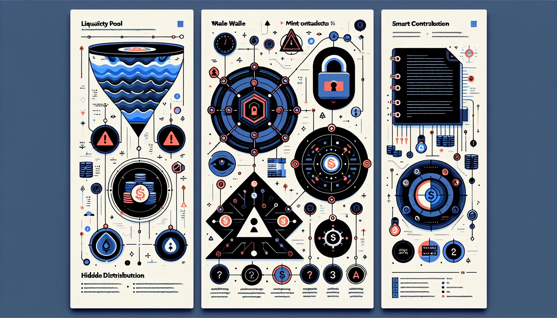 Three-panel infographic showing crypto rug pull warning signs: liquidity control, contract backdoors, and token distribution.