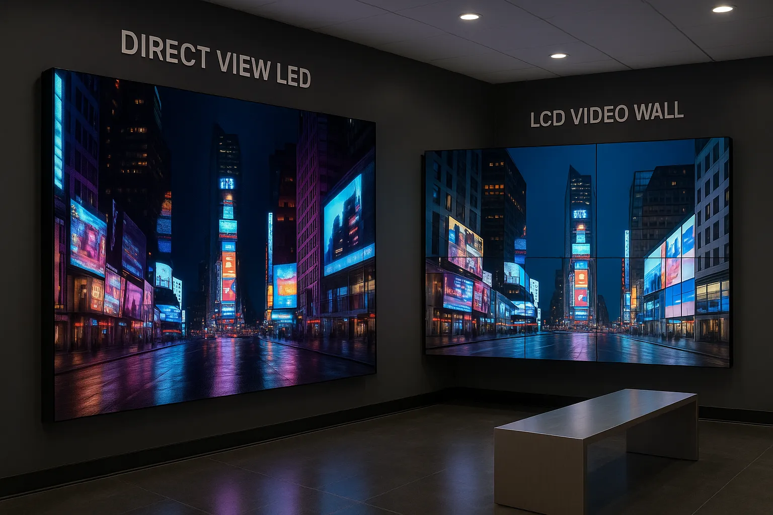 Side-by-side indoor LED and LCD video walls in a showroom comparison setup.