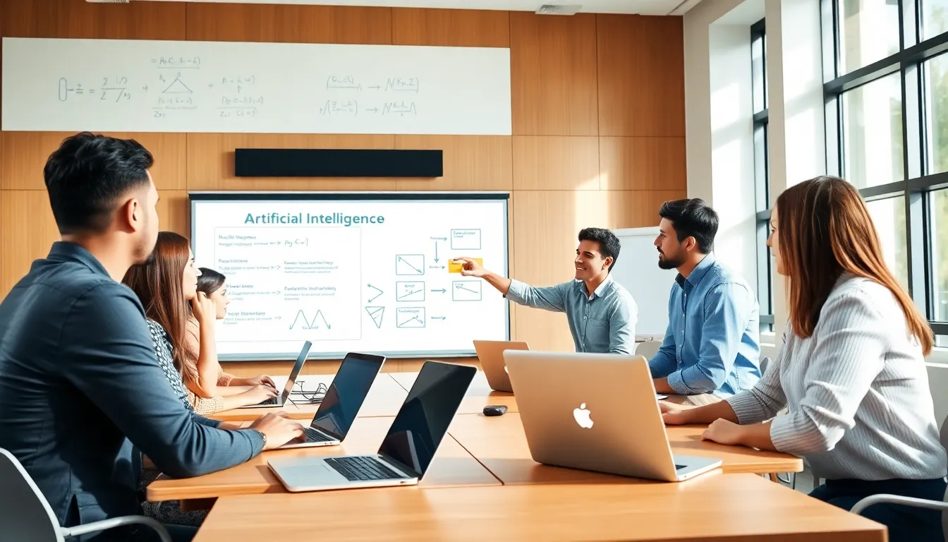 students collaborating in a modern classroom on artificial intelligence projects.