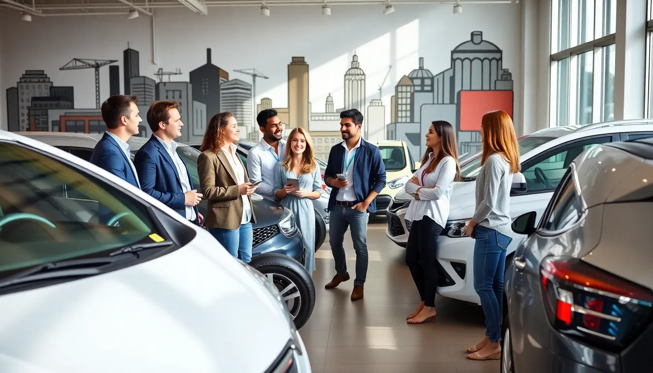 young adults discussing car buying trends in a modern showroom.