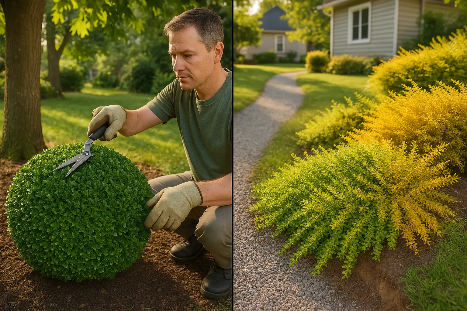 Side-by-side boxwood topiary and spreading Lonicera nitida groundcover in a garden.