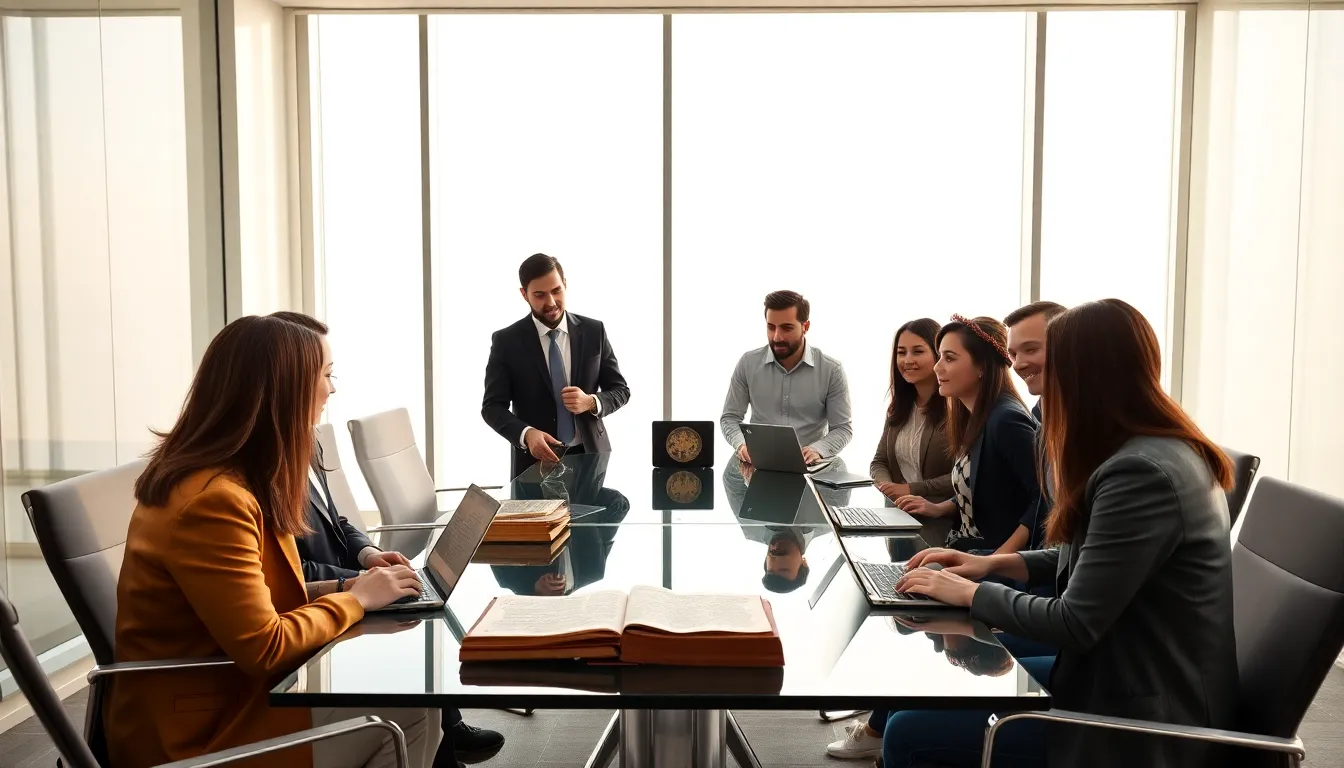 diverse professionals discussing Пфкфтеуч in a modern conference room.