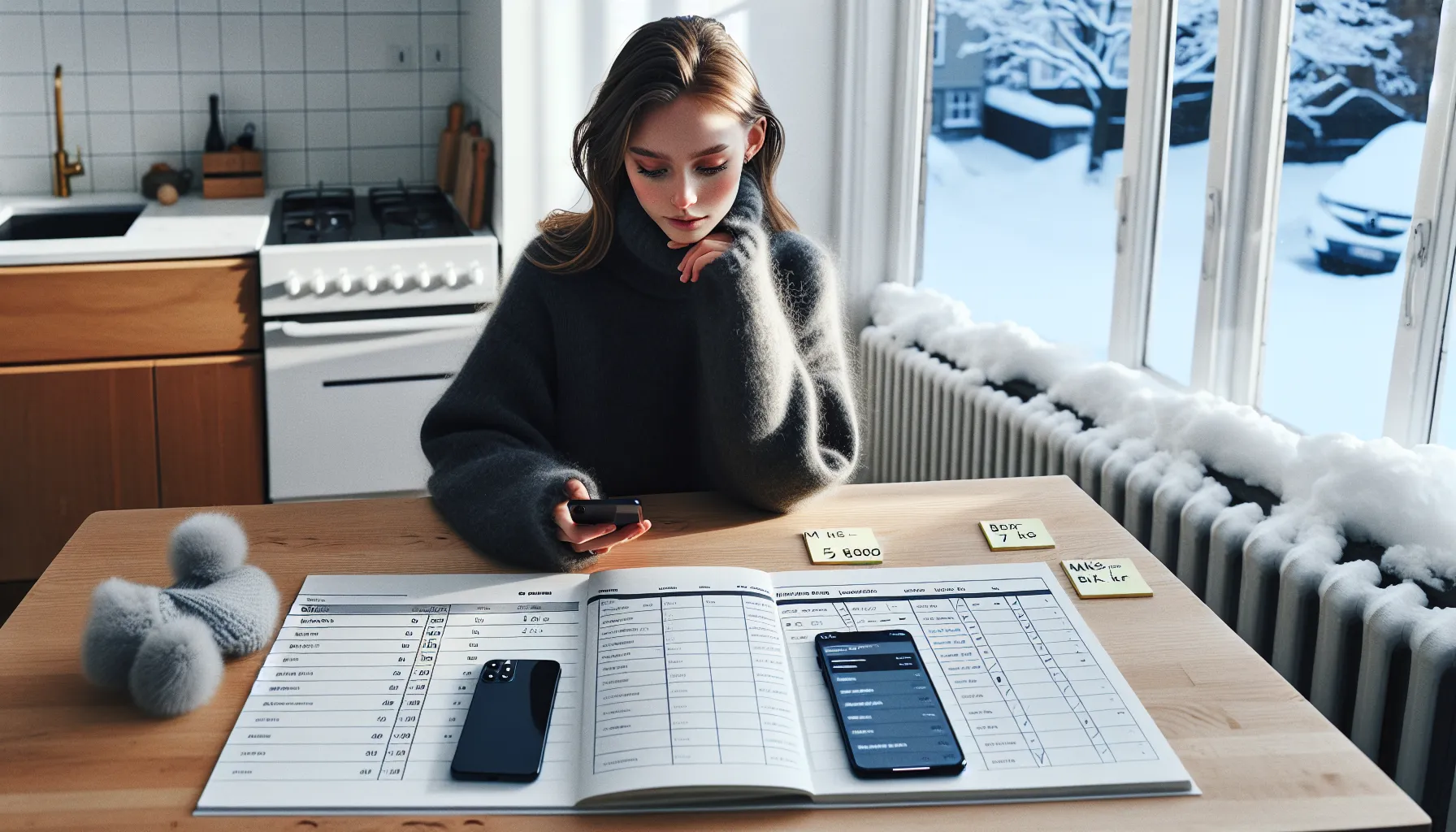 Norwegian woman planning a tech purchase with checklist, price graph, and gadgets.