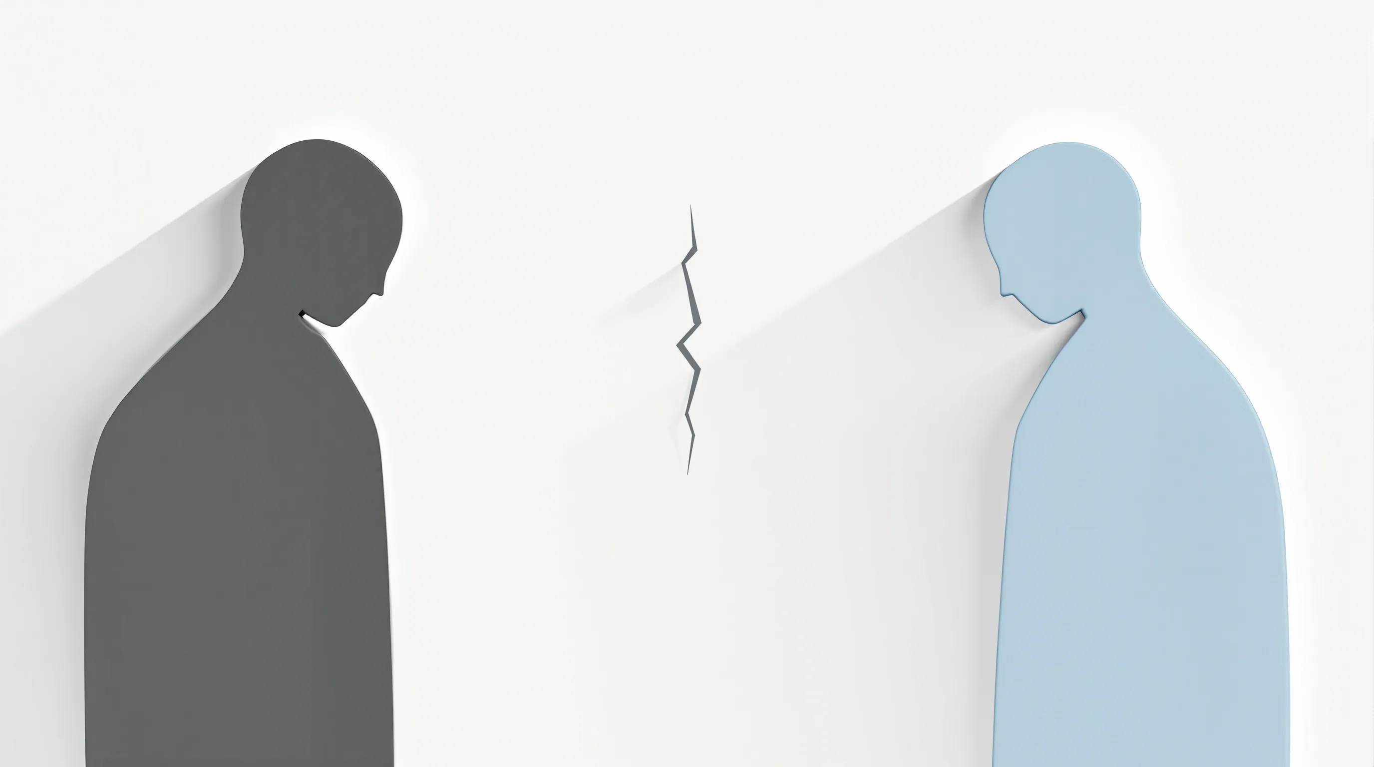 Two minimalist silhouettes facing away from each other with a broken line between them.