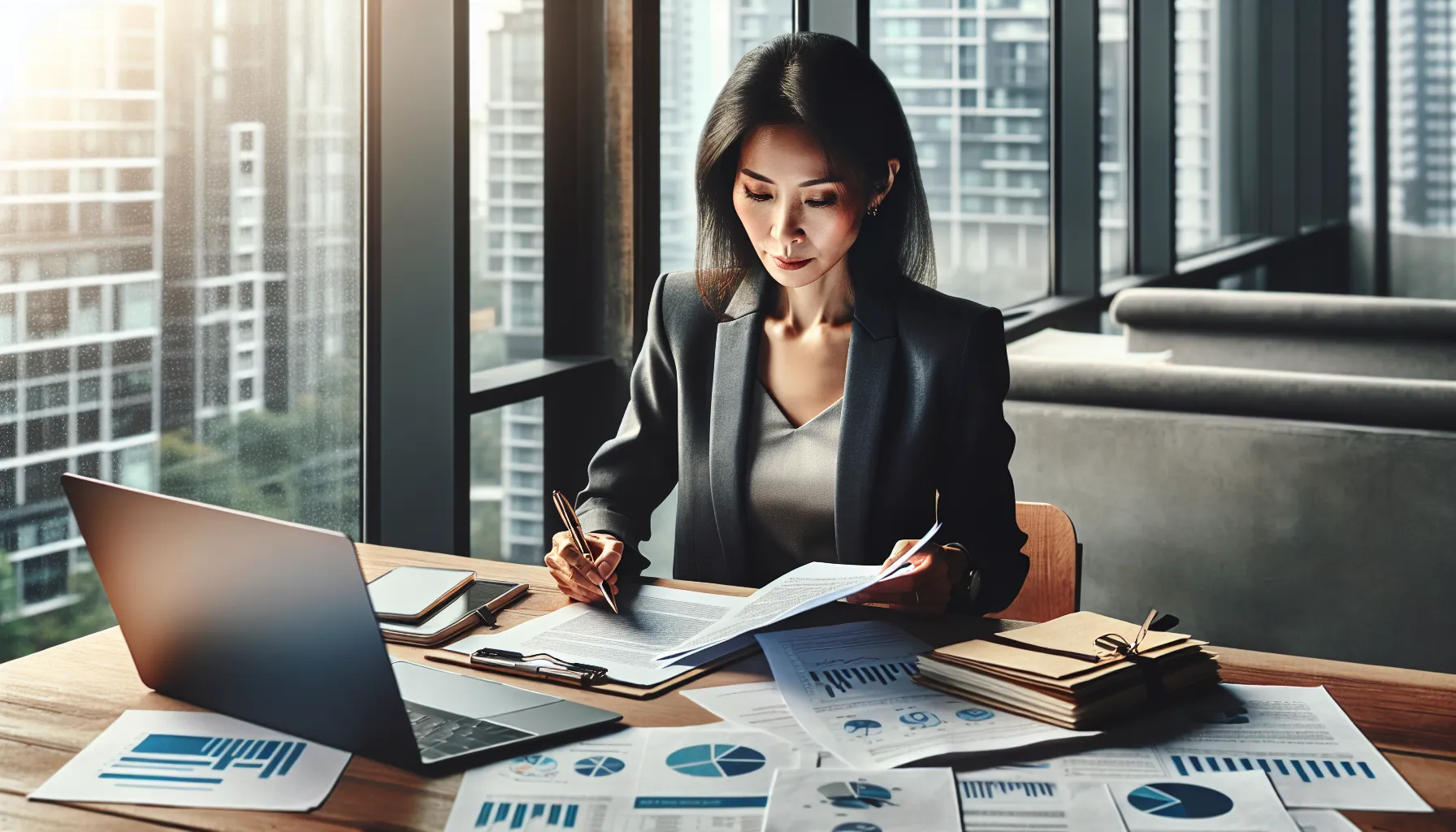 A professional reviewing documents at a desk in an office setting.