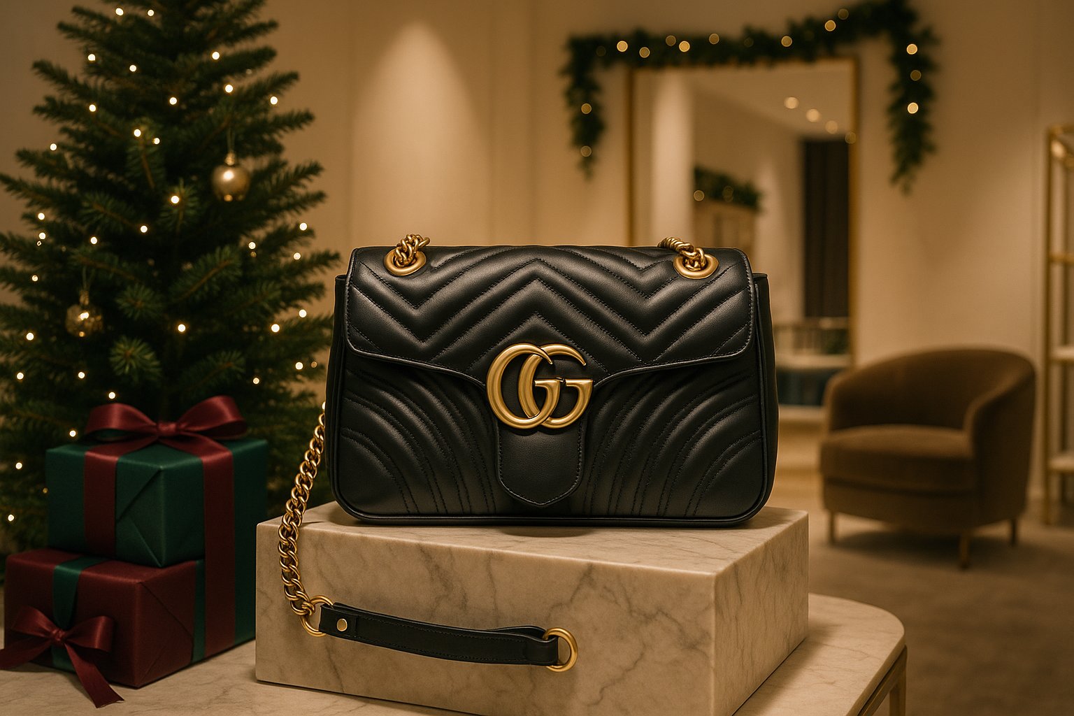 Gucci Marmont bag displayed in a holiday-themed luxury store setting.