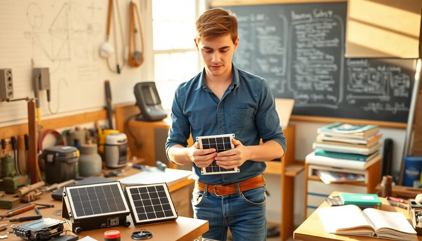 A young man assembling a solar panel in a sunlit workshop.
