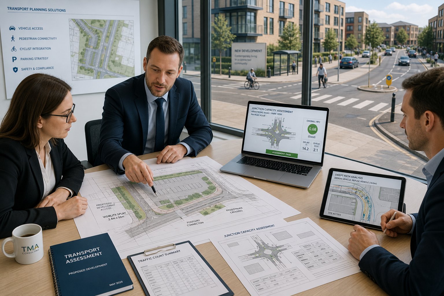 Transport consultants reviewing site access and traffic plans in a modern office.