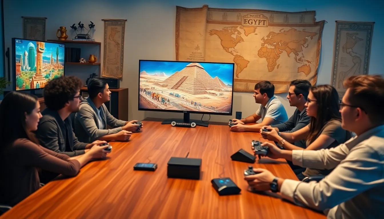 diverse gamers discussing ancient Egyptian-themed video games.