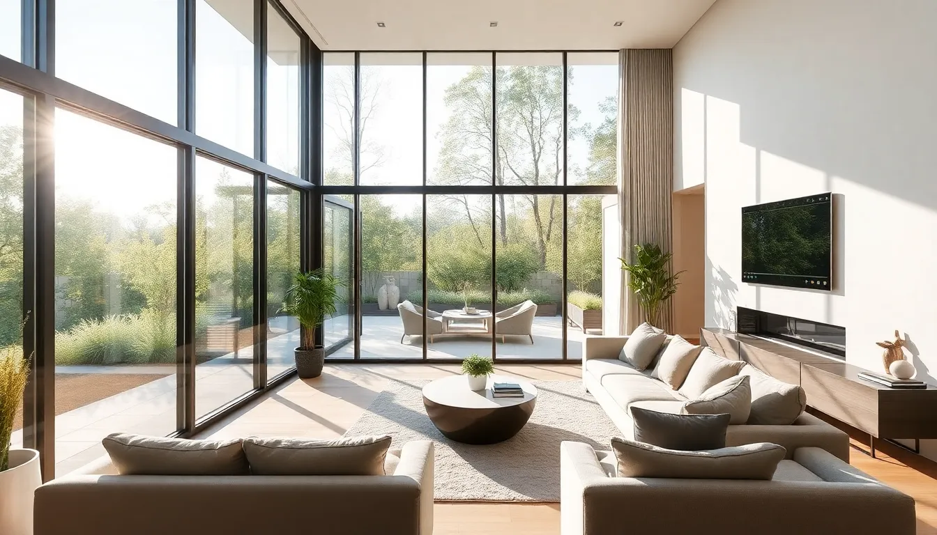 modern living room with adjustable smart glass windows.