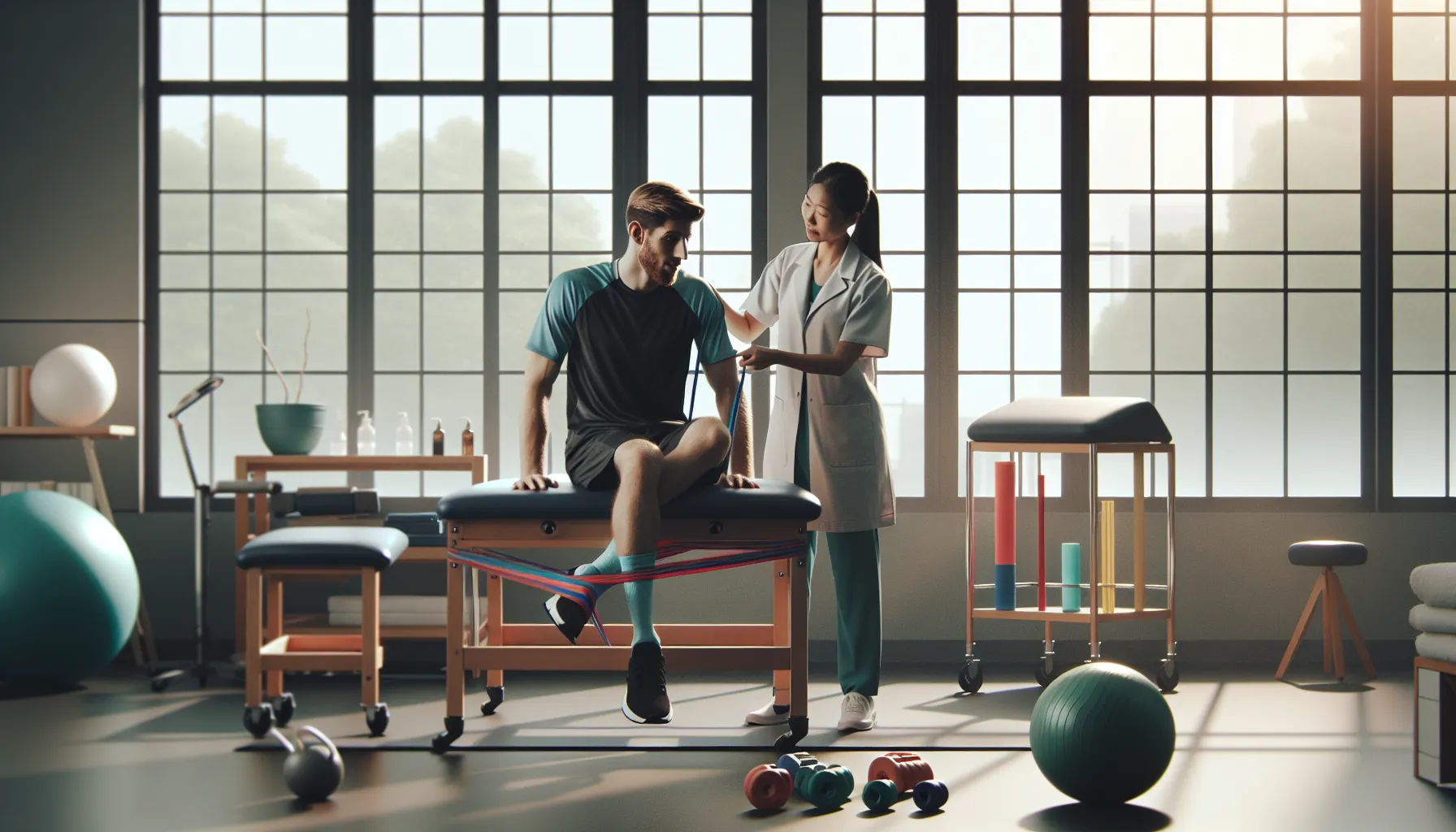 A physical therapist assists a patient with recovery exercises in a therapy room.