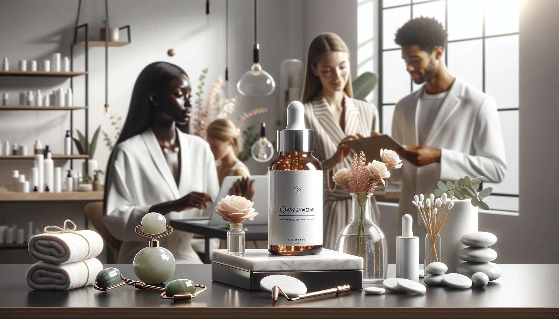 diverse group of people discussing skincare in a bright setting.