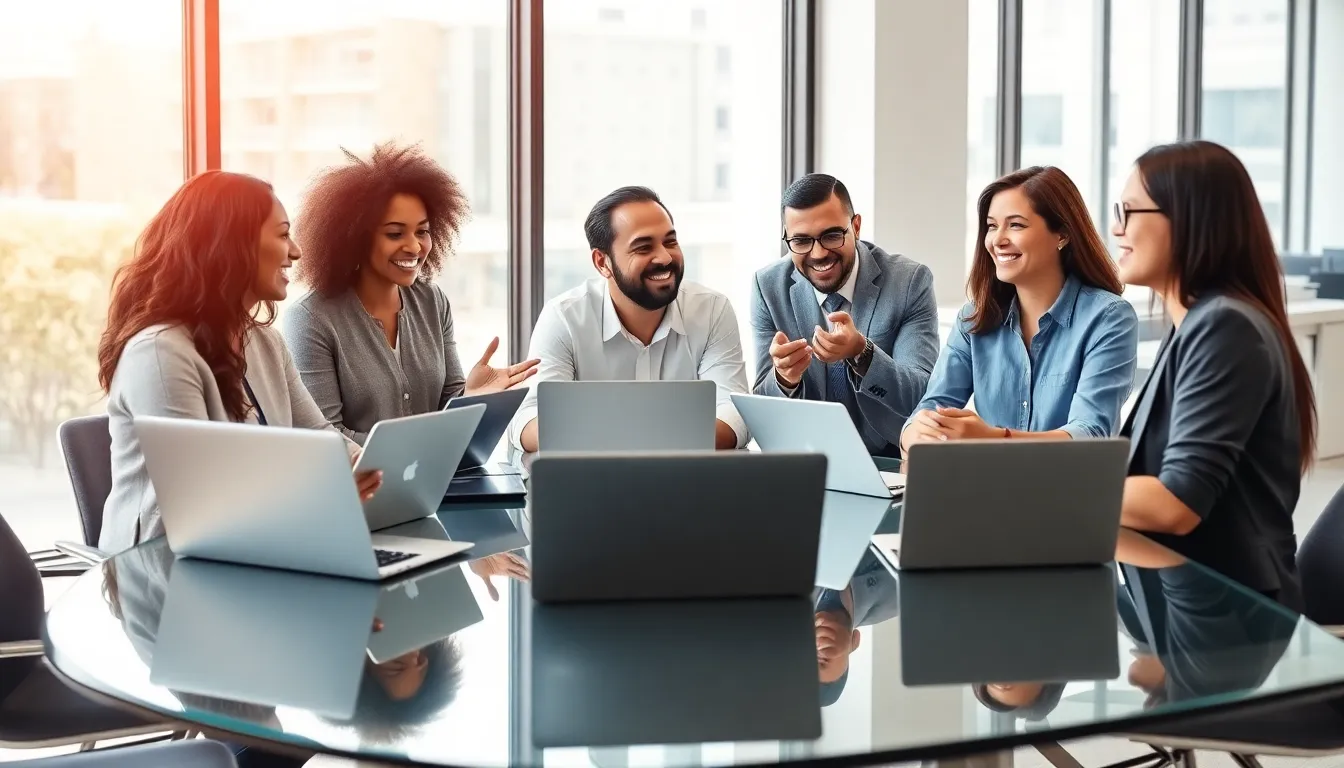 diverse team collaborating via video call in a modern office.