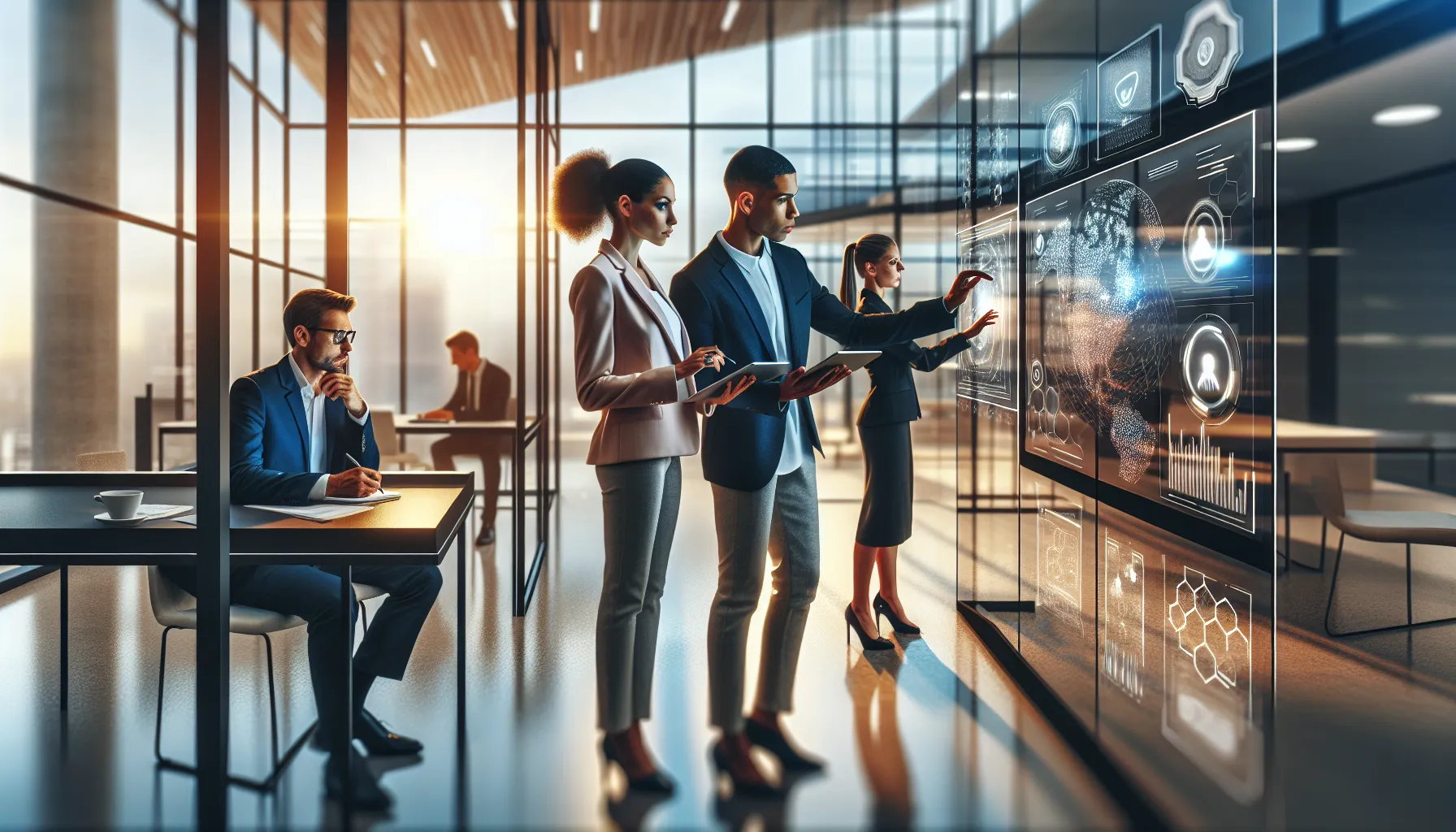 professionals discussing technology trends in a modern office.