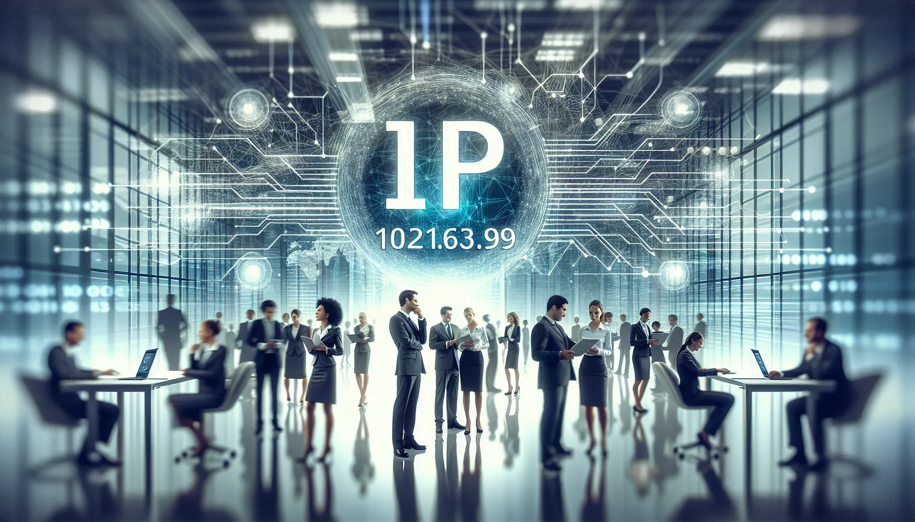IP address displayed in a modern office with professionals collaborating.