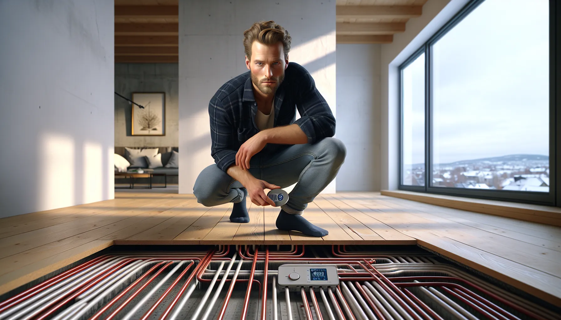 Slik finner du årsaken til feil på varmekabler 4 Man inspecting thermostat with visible underfloor heating cables in a norwegian home.