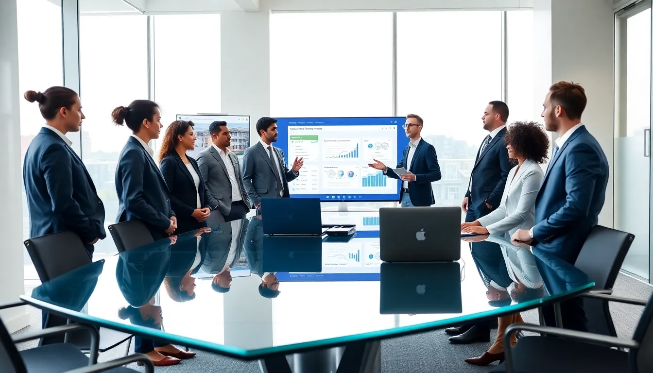 diverse professionals discussing real estate CRM in a modern office.