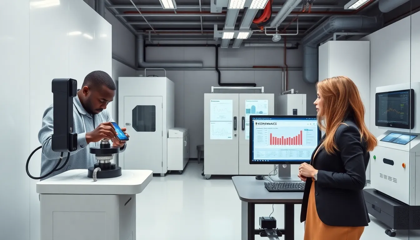 engineers testing consumer electronics in a modern lab.