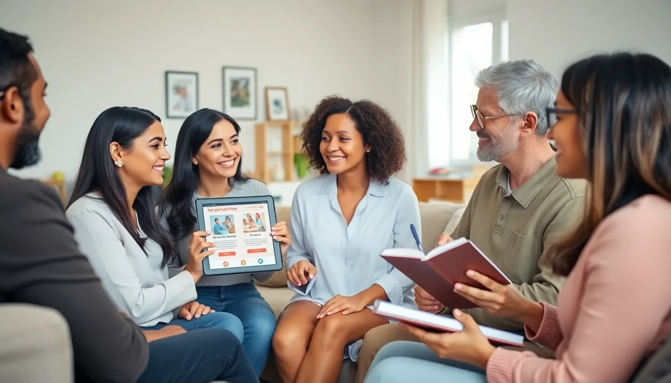 parents sharing parenting tips in a cozy living room.