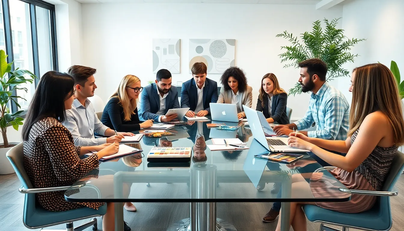 diverse professionals collaborating in a modern creative workspace.