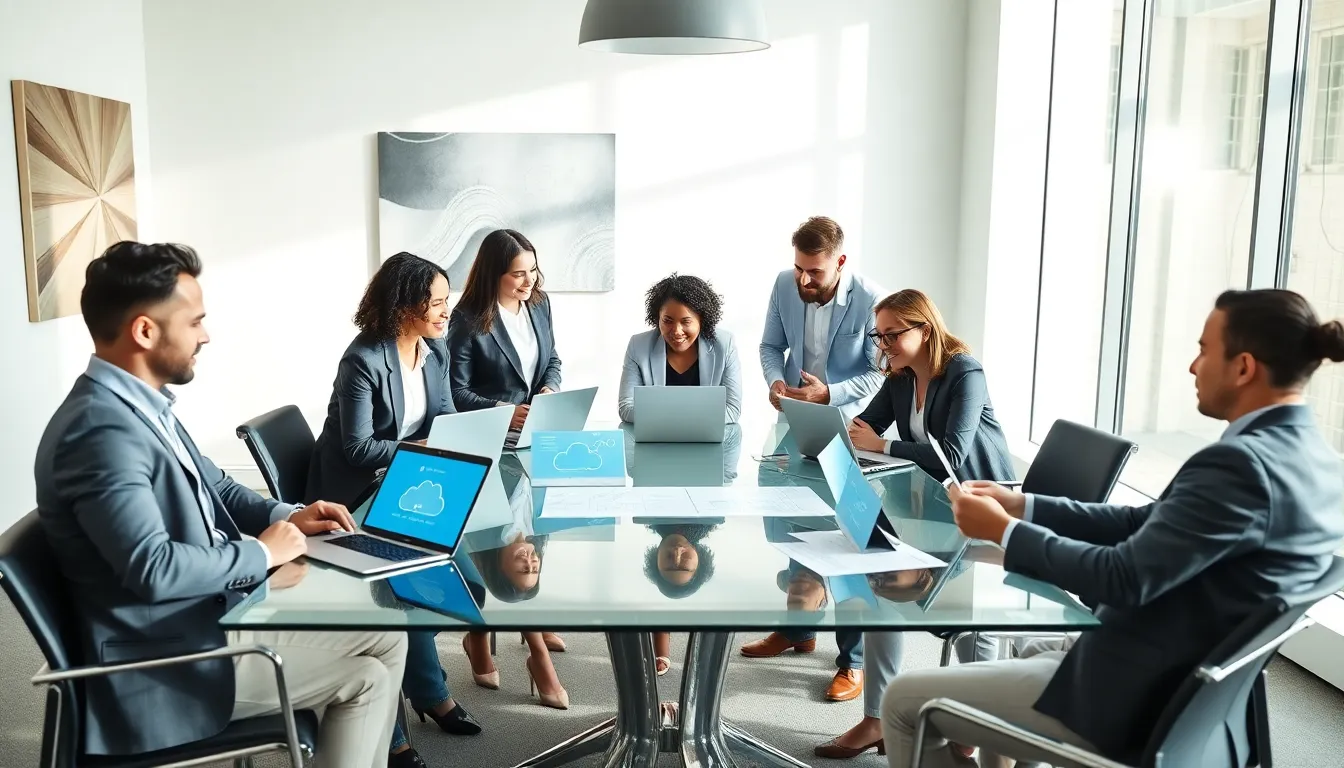diverse team collaborating on custom SaaS development in a modern office.