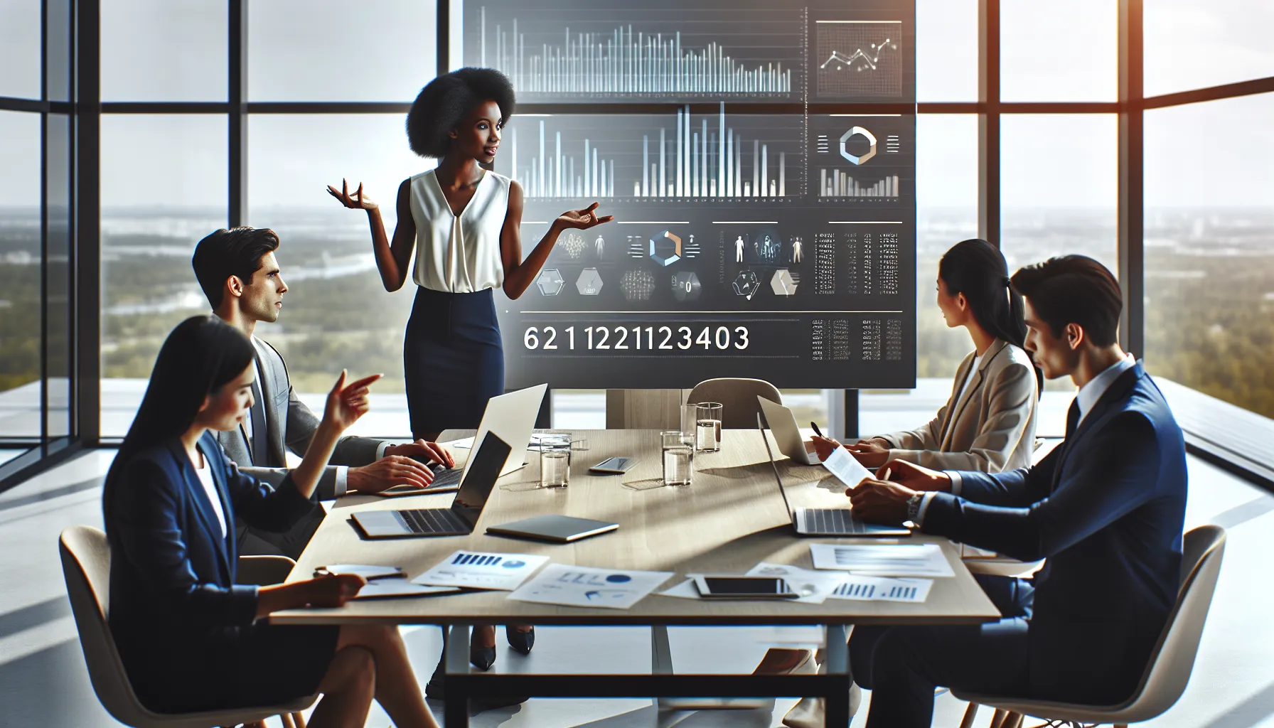 diverse team discussing data analysis in a modern office.