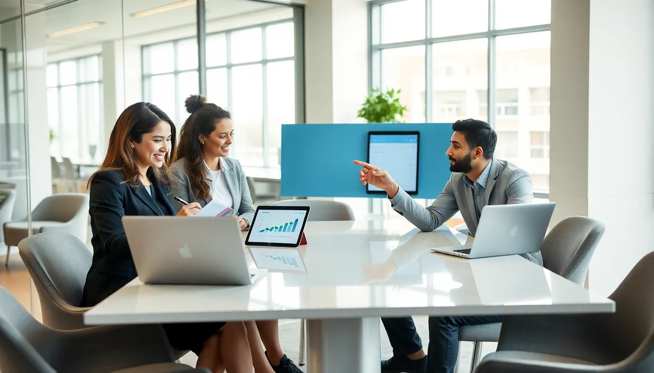 young professionals collaborating on financial assessments in a modern office.