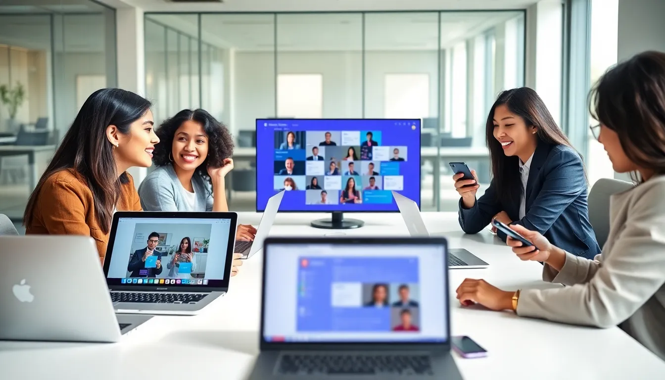 diverse professionals collaborating in a modern office using communication tools.