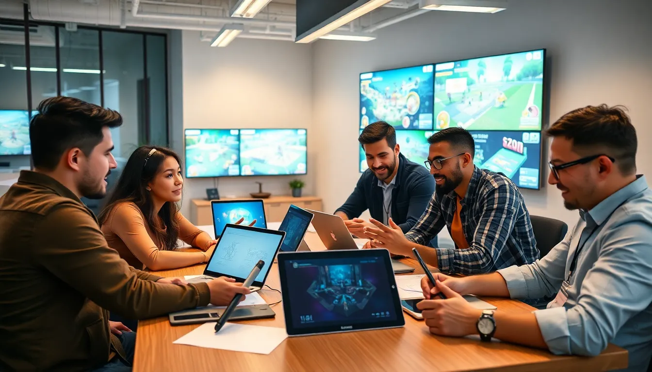 diverse game developers collaborating in a modern office environment.