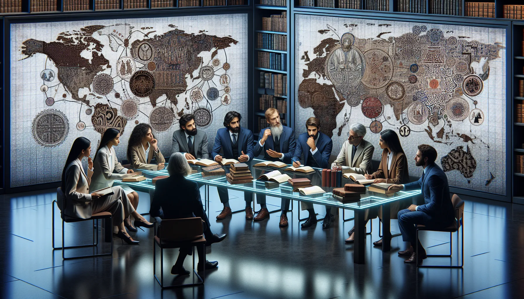 diverse scholars discussing the historical roots of ашмук in a modern library.