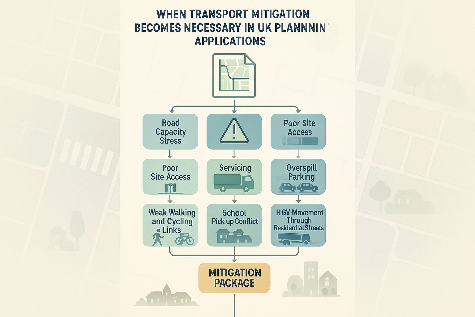 UK planning infographic showing transport issues that trigger mitigation measures.