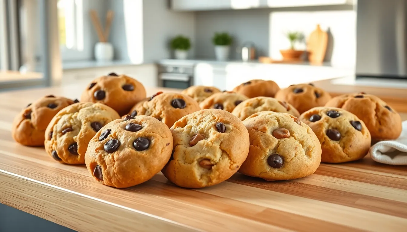 assorted bread cookies on a wooden countertop in a bright kitchen.
