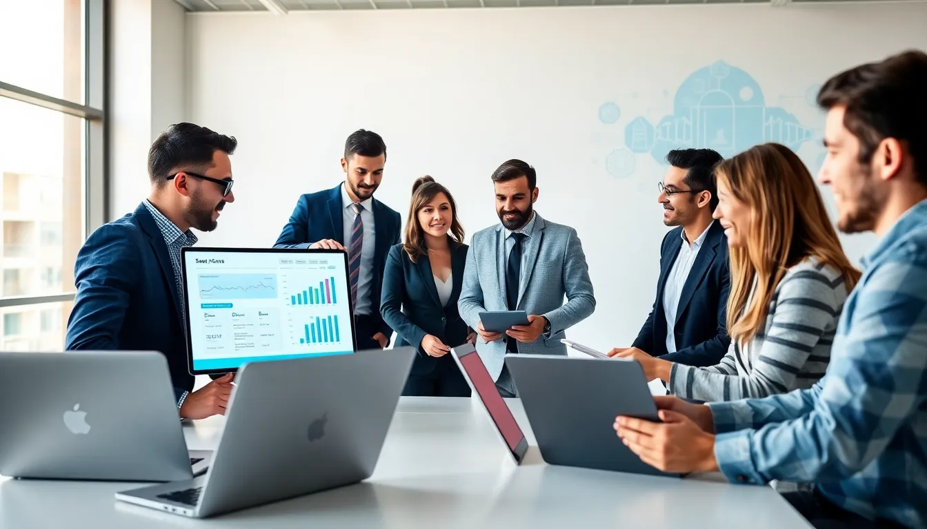 professionals collaborating on SaaS AI solutions in a modern office.