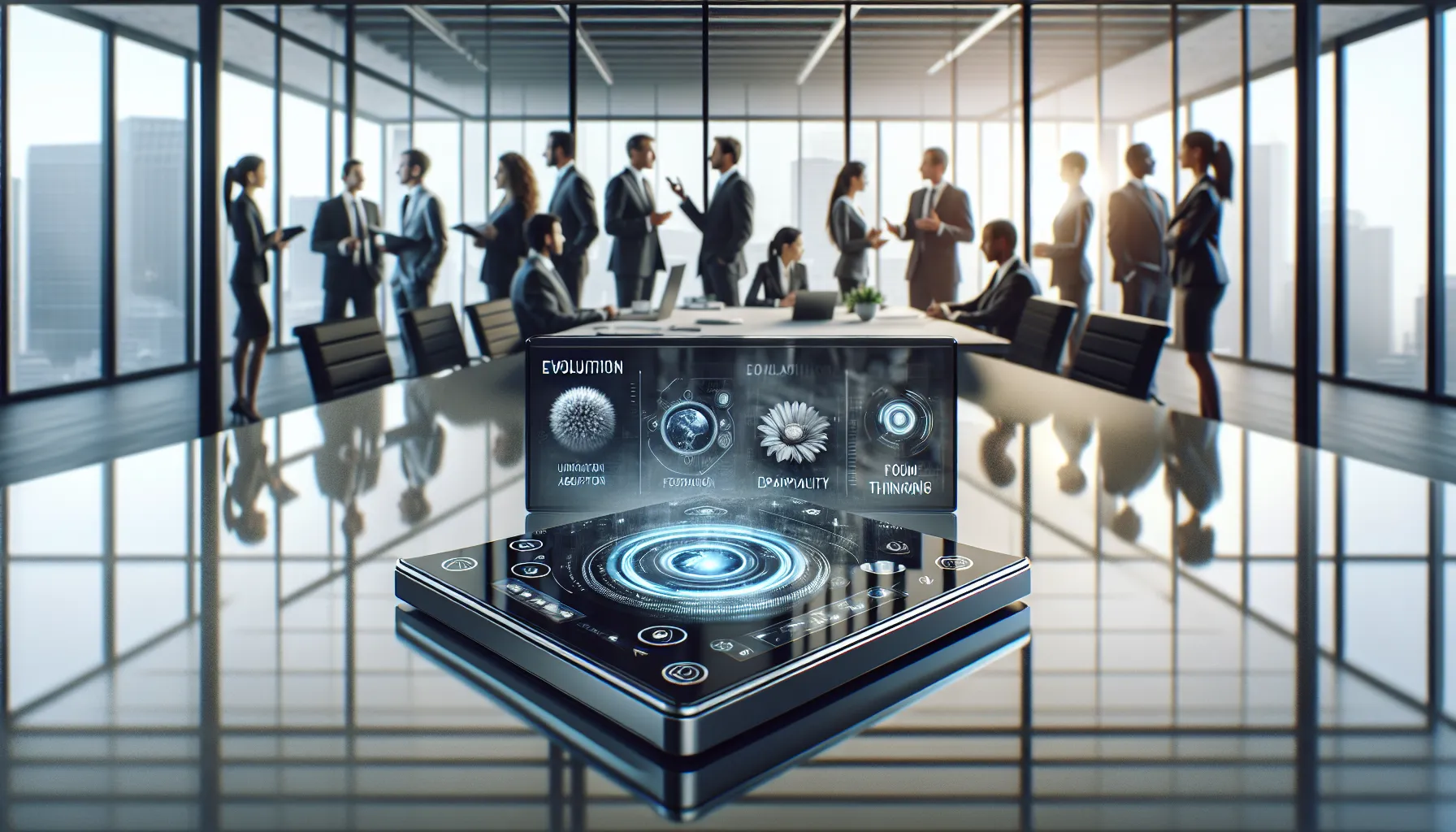 innovative device in a modern workspace with engaged professionals.