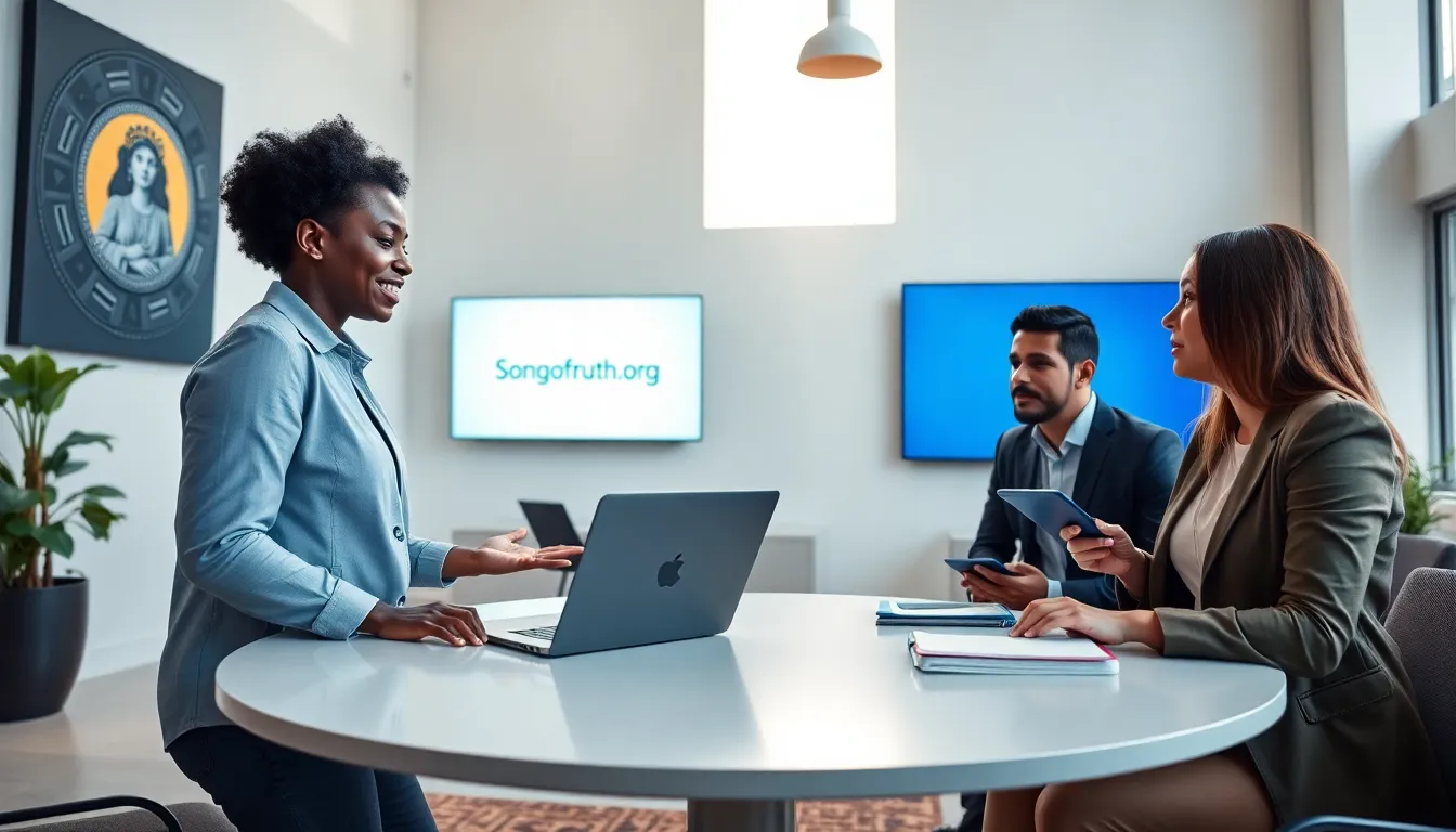 diverse professionals discussing ideas in a modern office setting.