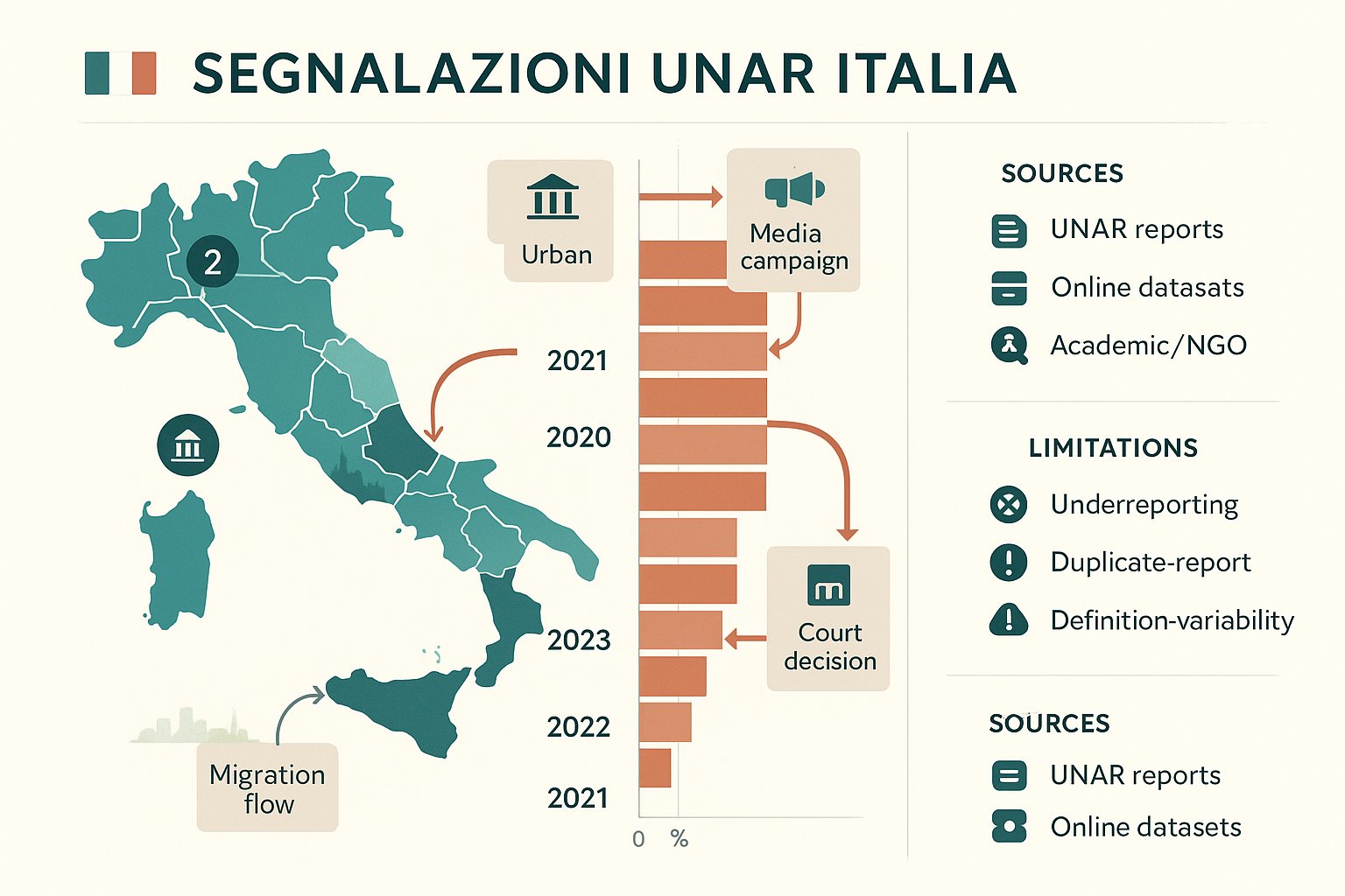 Mappa e cronologia che mostrano le tendenze regionali e annuali delle segnalazioni UNAR in Italia.