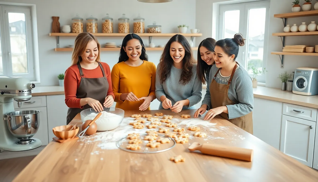 team joyfully baking cookies in a bright kitchen.