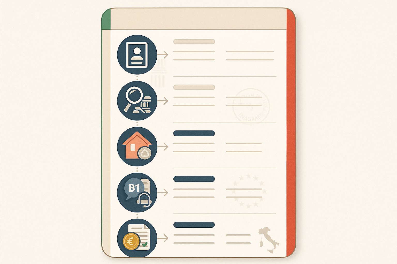 Infografica checklist dei requisiti legali per la cittadinanza italiana con icone.