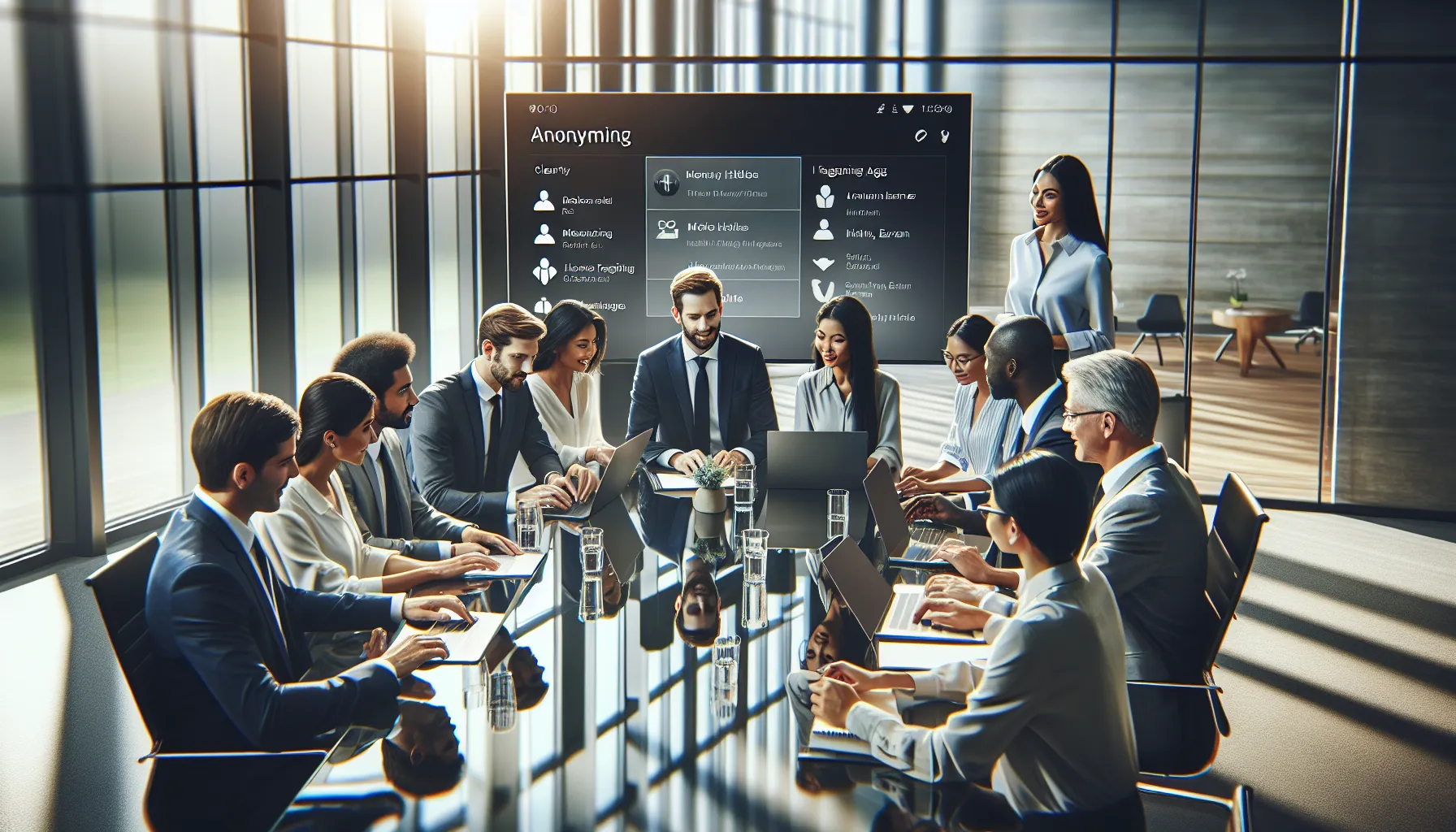 diverse team collaborating using WhatsApp in a modern office.