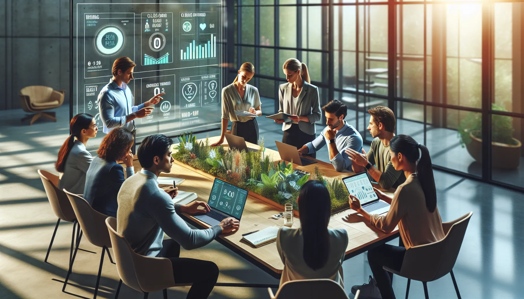 team discussing wellness progress in a modern office.