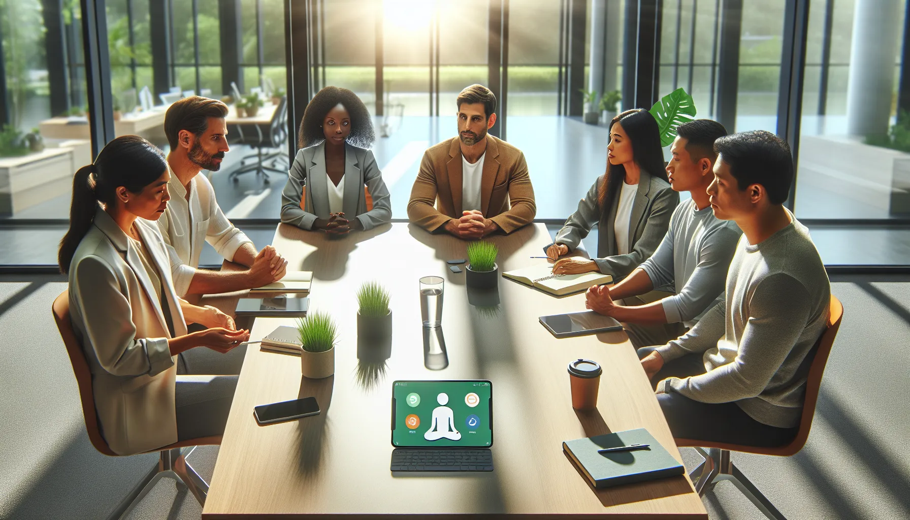 diverse professionals discussing coping strategies in a modern office.
