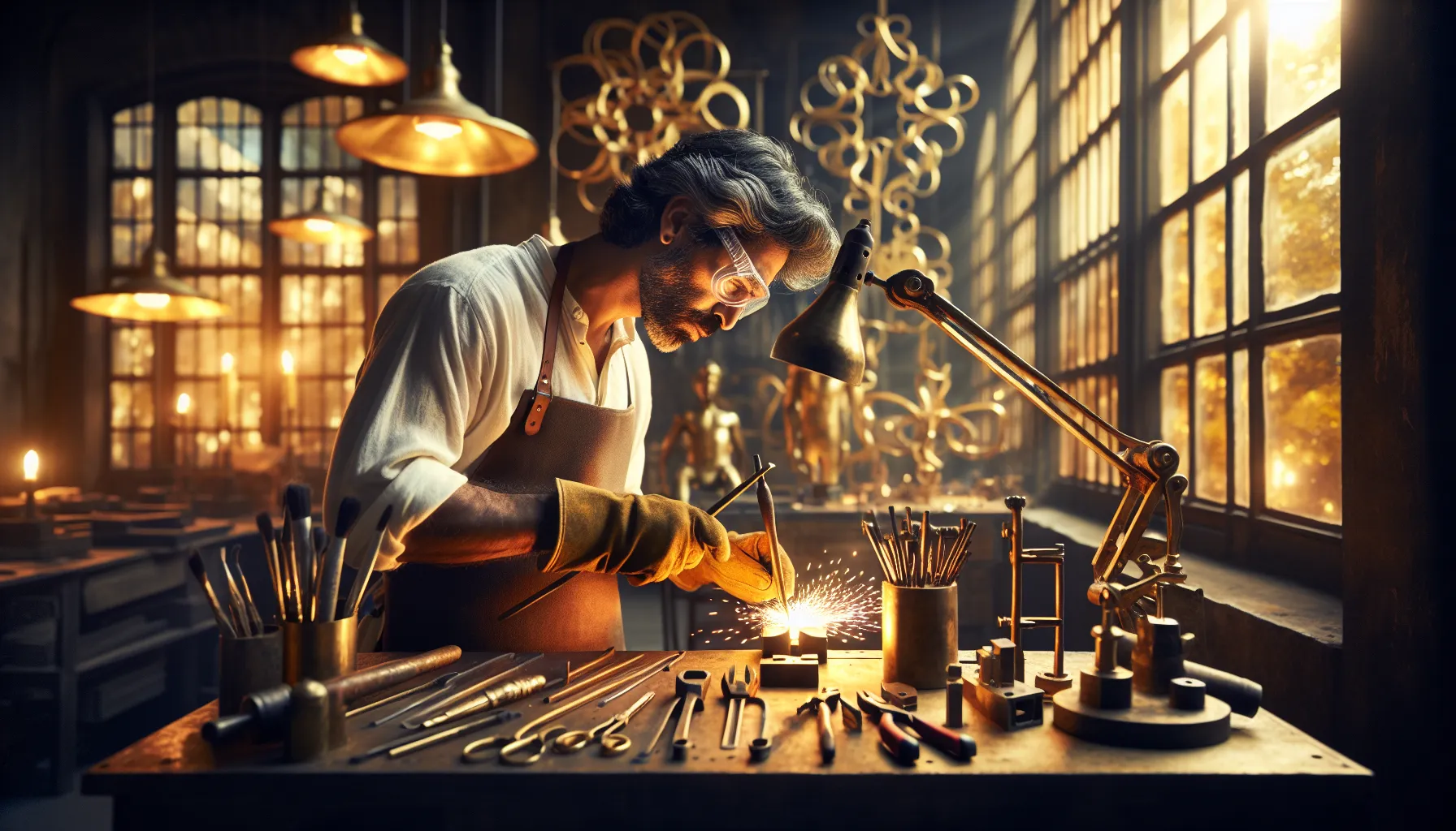 metalworker crafting brass in a modern workshop.